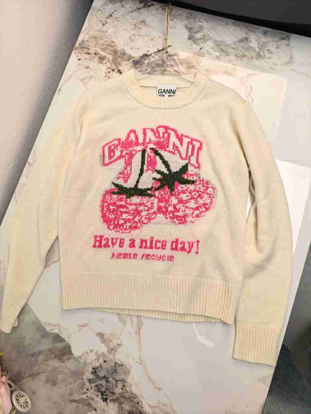 GANNI Cream Cherry Have A Nice Day Knit Sweater